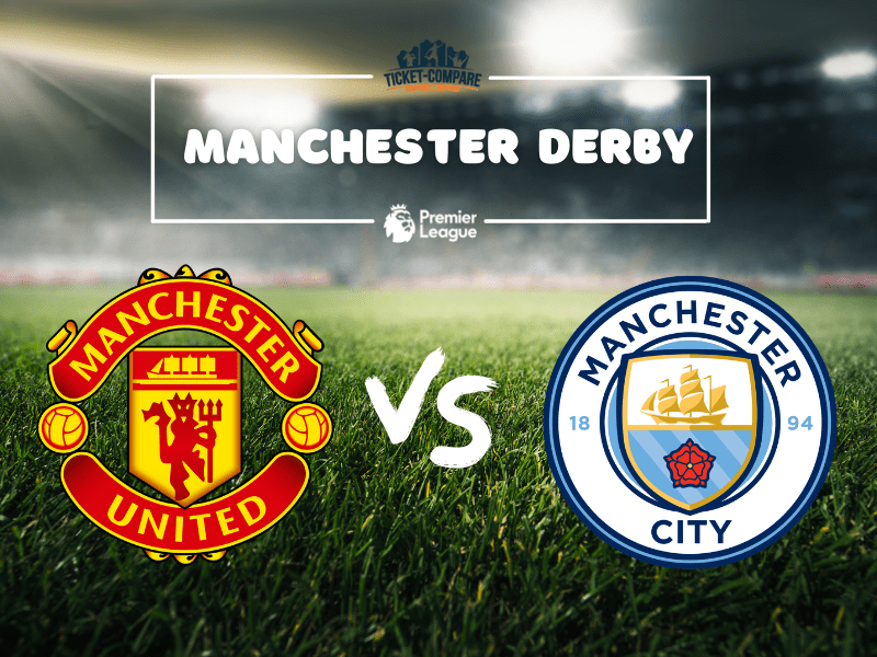 Escudos de Manchester United y Manchester City sobre el césped
