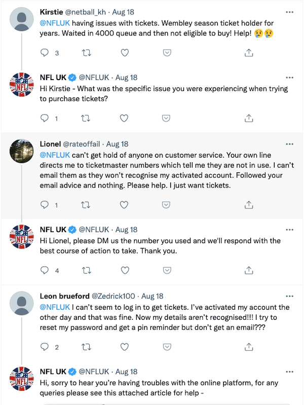 fans mostrando quejas en Twitter por no conseguir entradas NFL London Games 2021