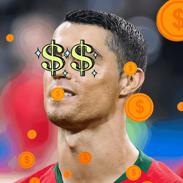 Gif de Ronaldo con símbolos de dólar y lluvia de monedas