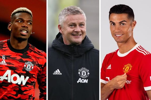 Paul Pogba, Ole Gunnar Solskjær y Cristiano Ronaldo