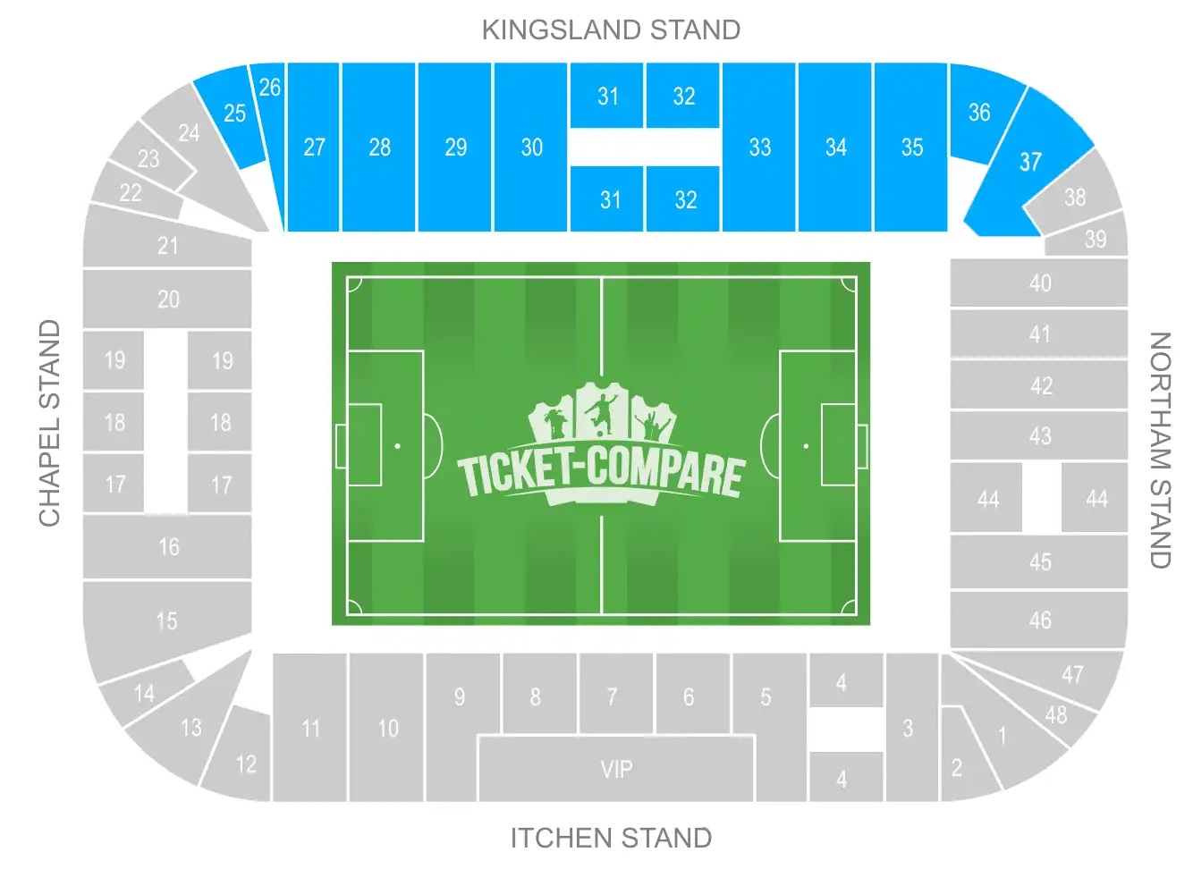 Plano de asientos del Estadio St. Mary's con la Tribuna Kingsland destacada