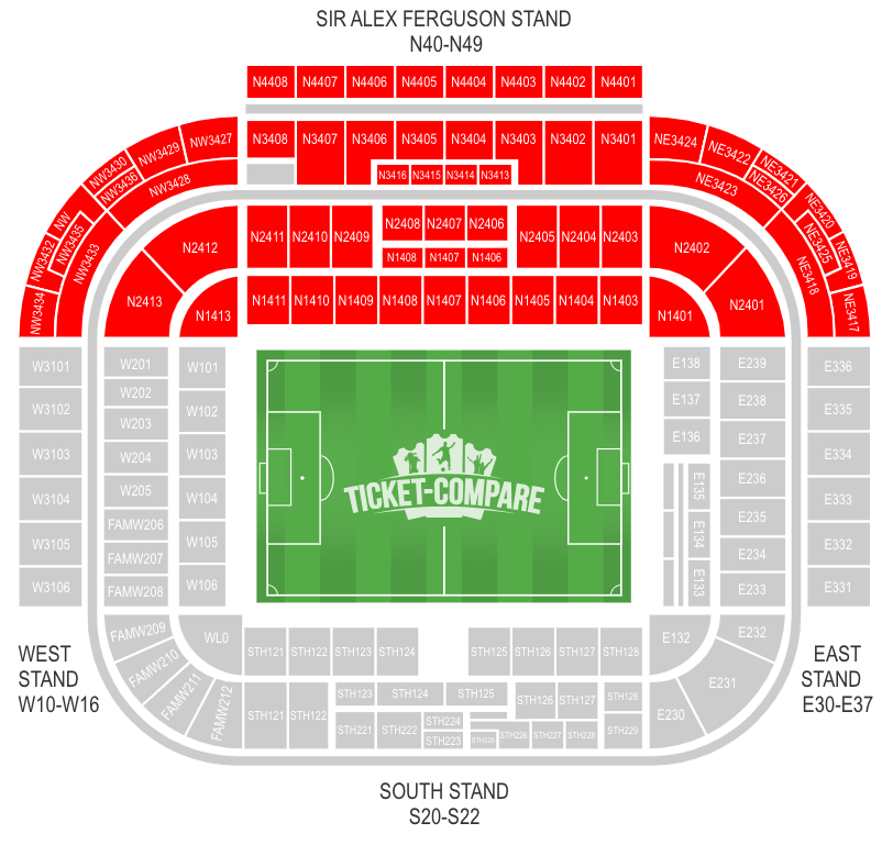 Plano de asientos Old Trafford con Sir Alex Ferguson Stand destacada