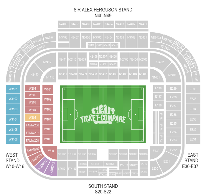 Plano de asientos Old Trafford con West Stand destacada