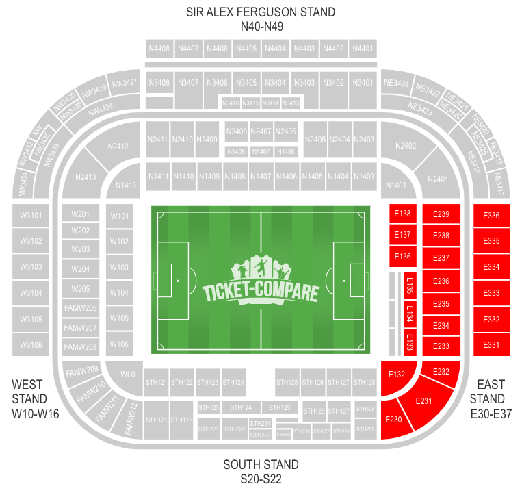 Plano de asientos Old Trafford con East Stand destacada