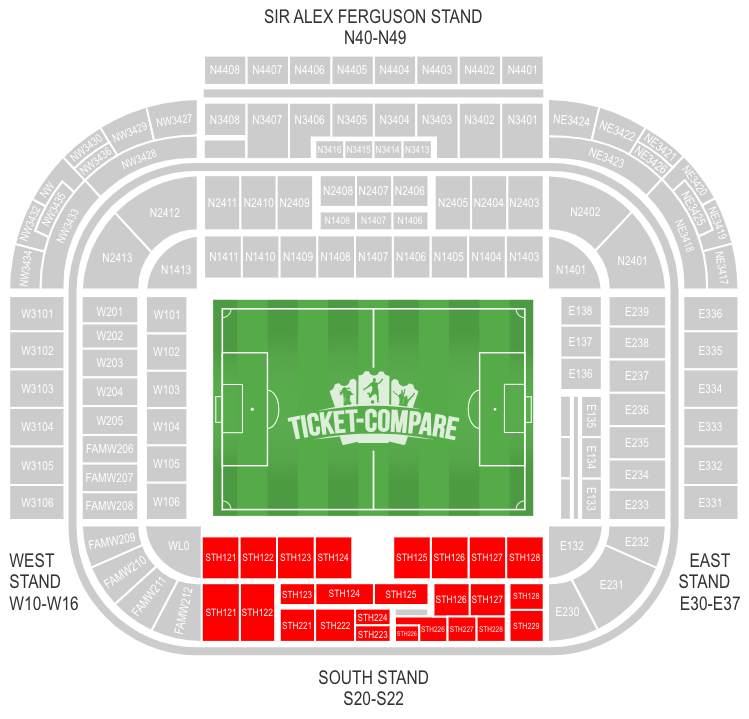 Plano de asientos Old Trafford con South Stand destacada