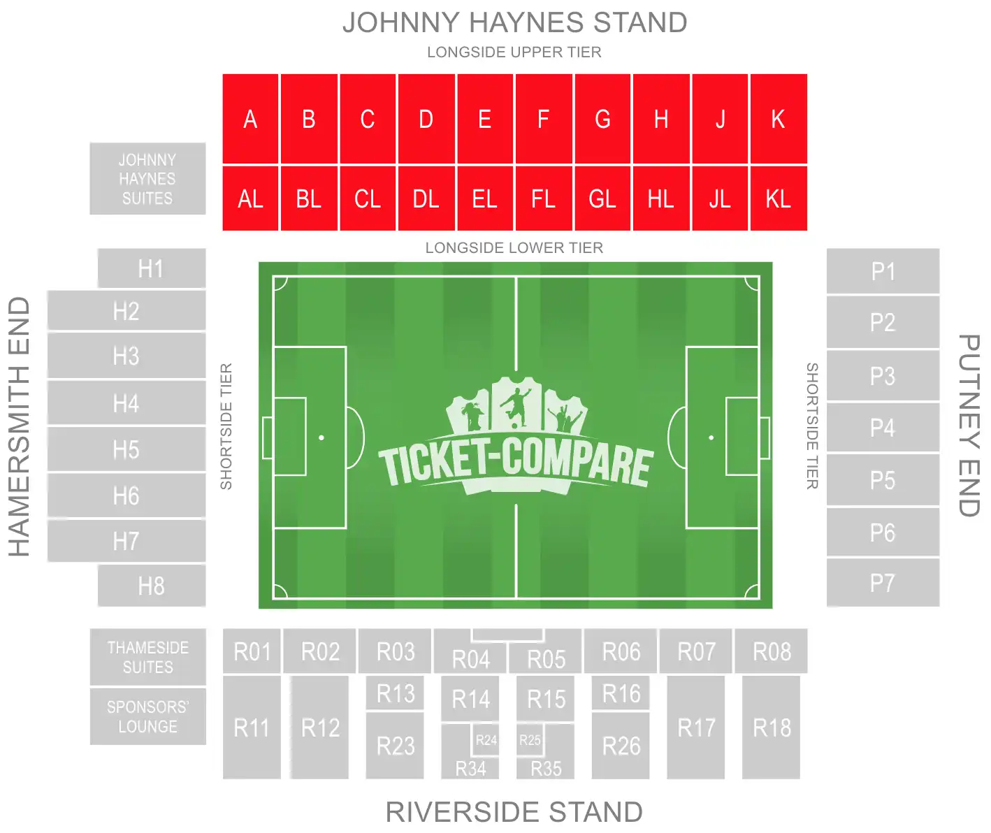 Plano de Craven Cottage destacando Johnny Haynes Stand