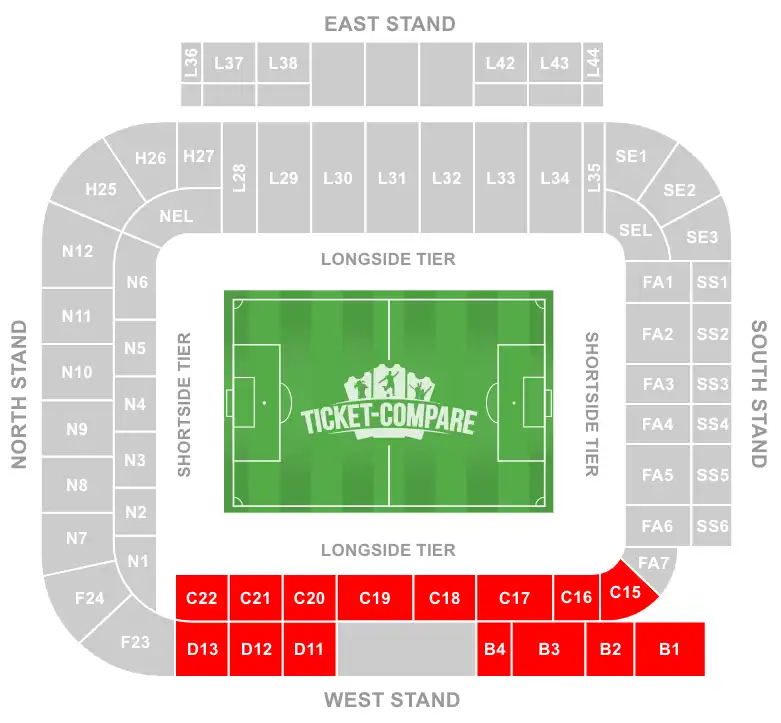 Elland Road Stadium Seating Plan with West Stand highlighted