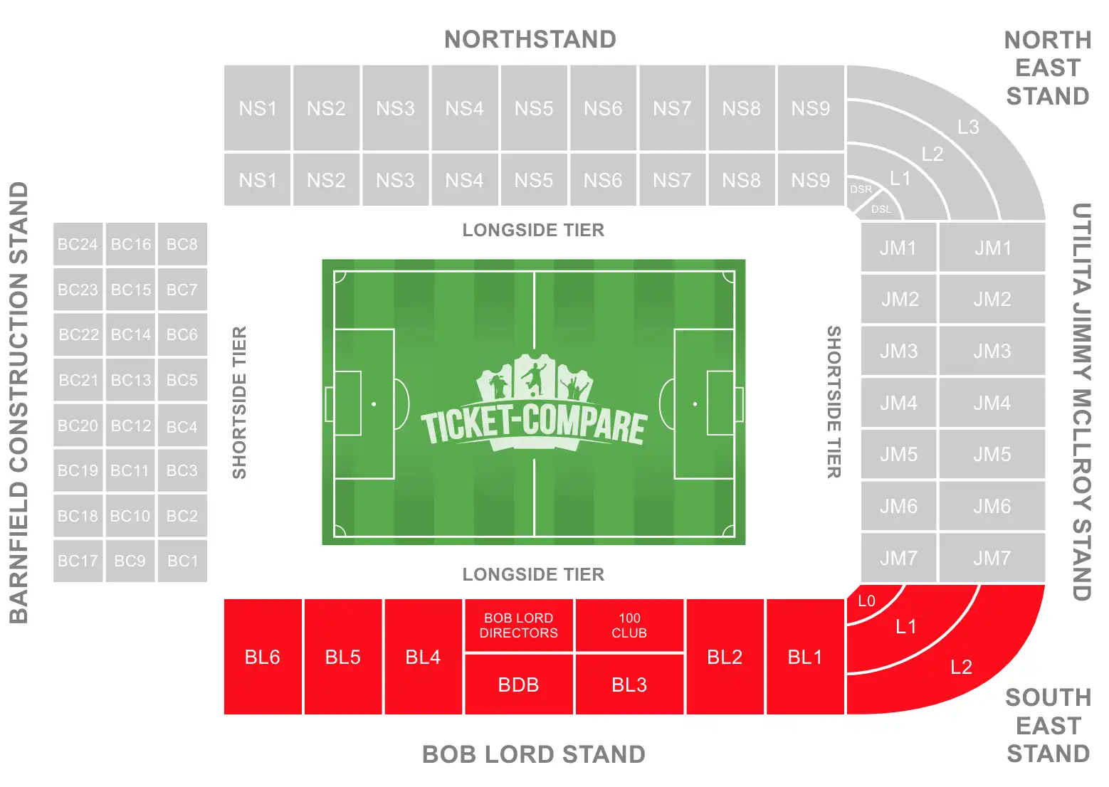 Turf Moor Stadium Seating Plan with Bob Lord Stand Highlighted