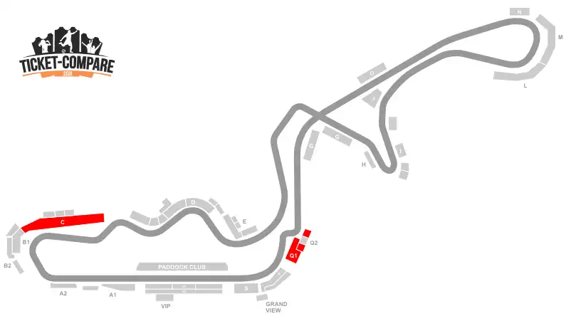 Plano de Suzuka con gradas C y Q destacadas