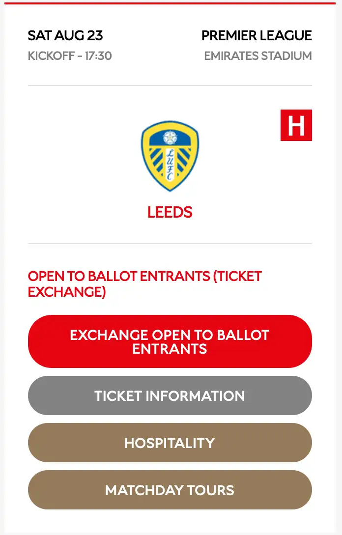 Captura de pantalla de un listado de partido Arsenal vs Leeds Premier League en el Emirates Stadium