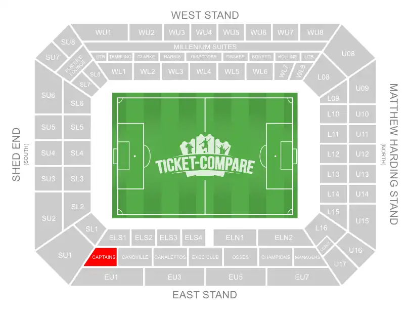 screenshot of Stamford Bridge Seating plan with Captain's Bar highlighted