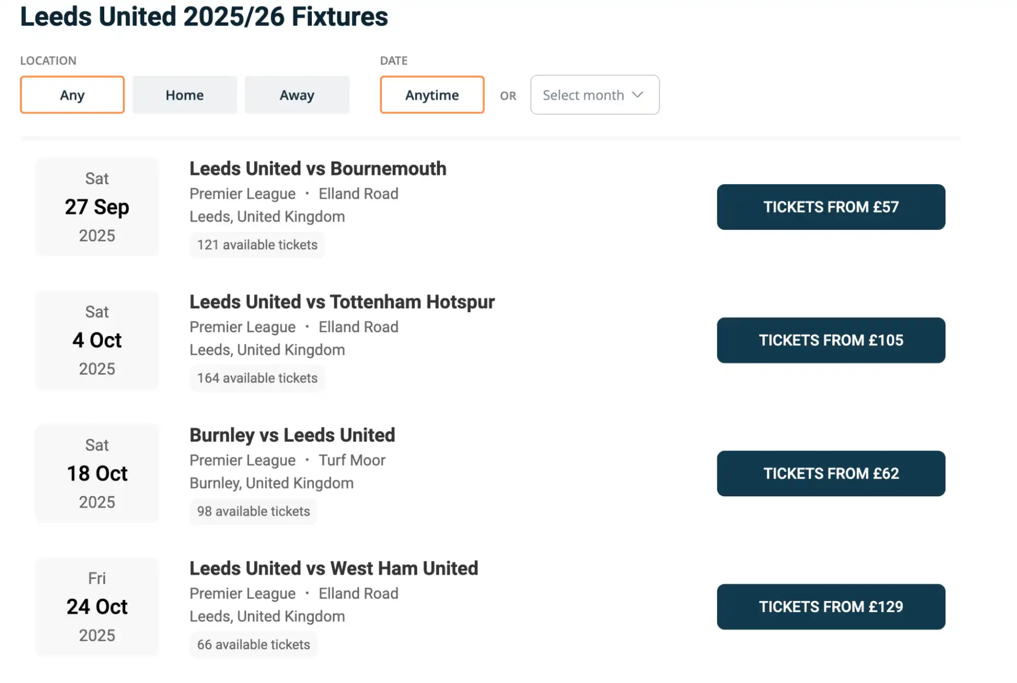 screenshot of Leeds United fixtures list on ticket-compare.com