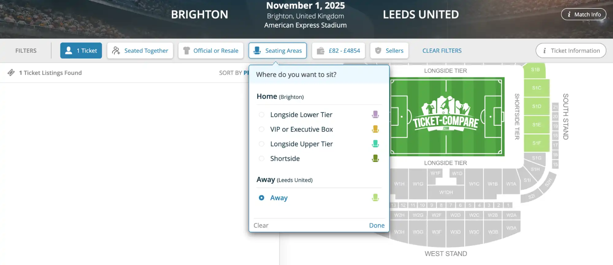 menú de selección de zonas