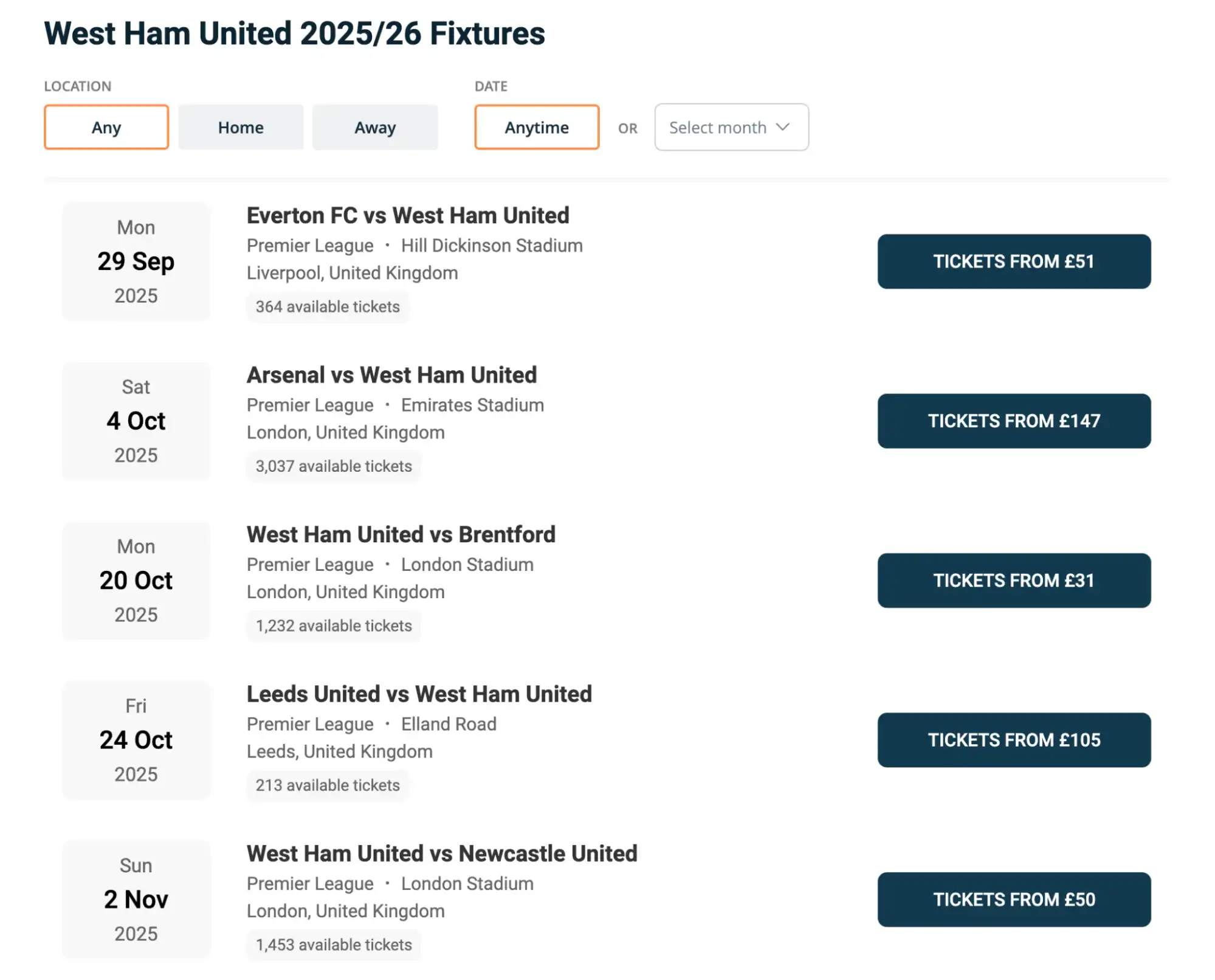 screenshot of West Ham United fixtures