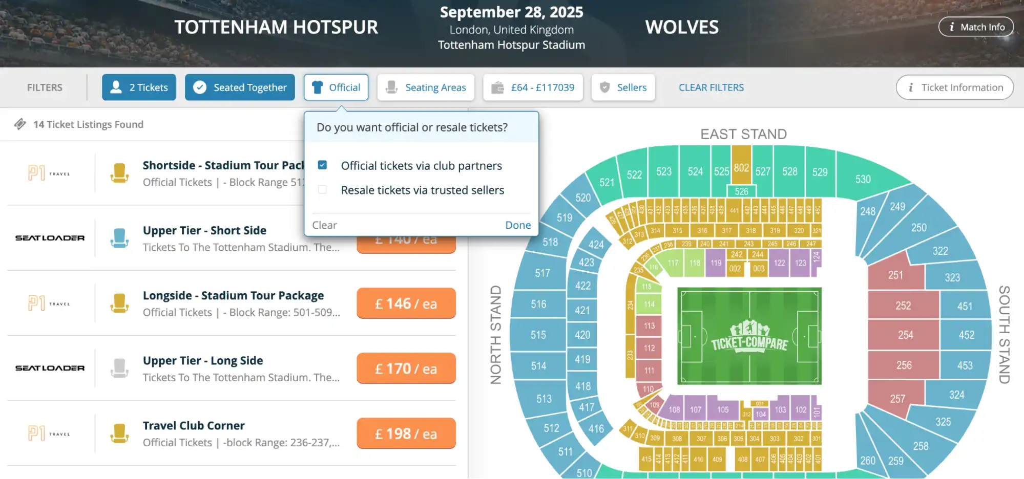 opción de entradas 'Oficiales o reventa'