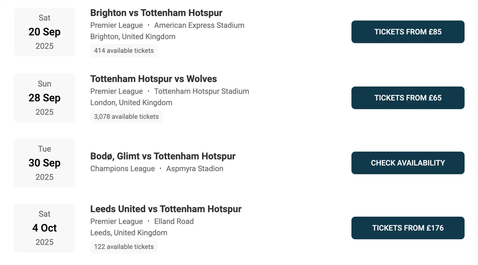 screenshot de partidos del Tottenham