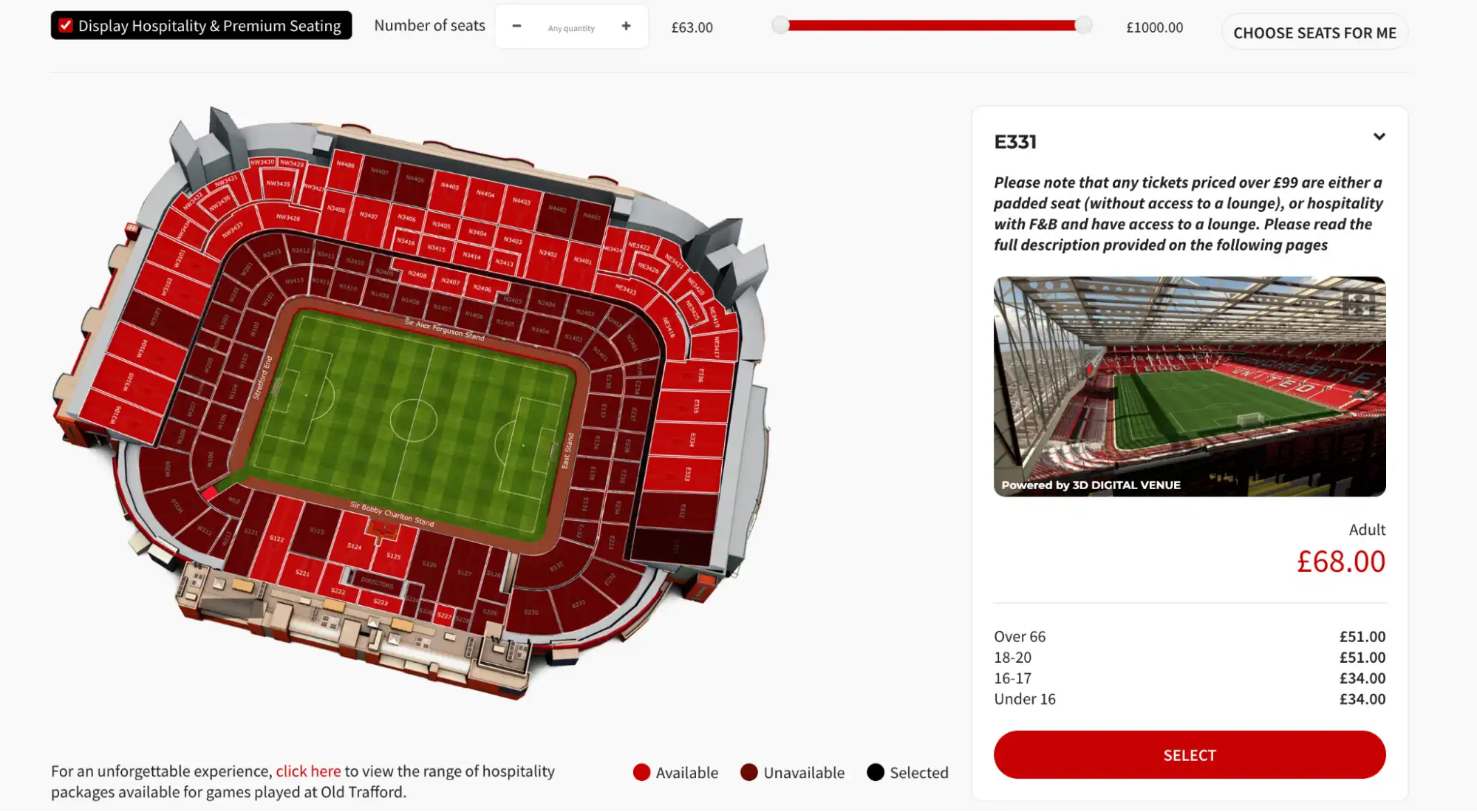 screenshot of selecting seats from the stadium plan