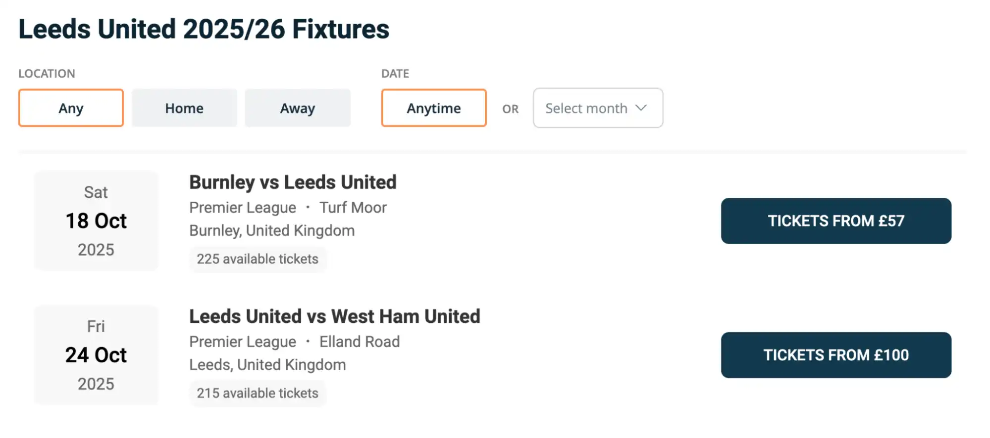 fixtures Leeds United Ticket-Compare