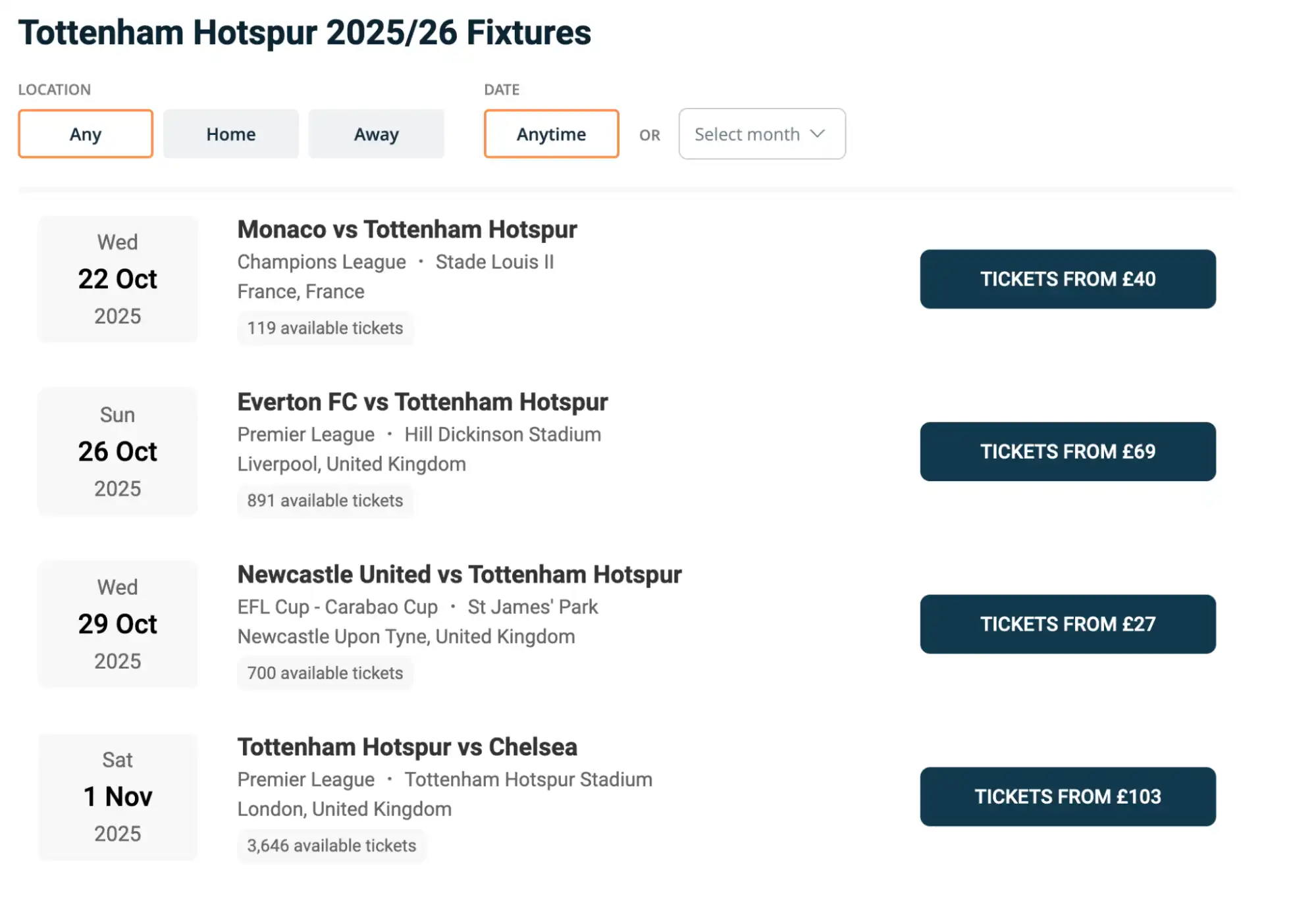 Vista del calendario de partidos Tottenham Hotspur