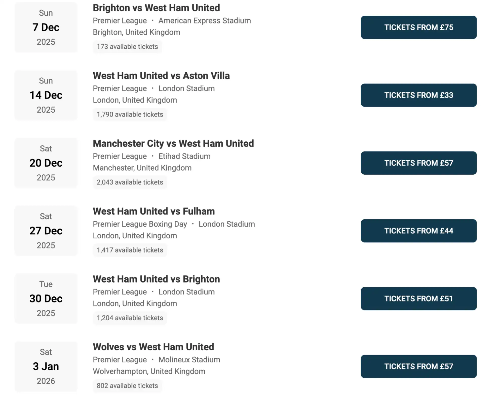screenshot of West Ham United Fixtures