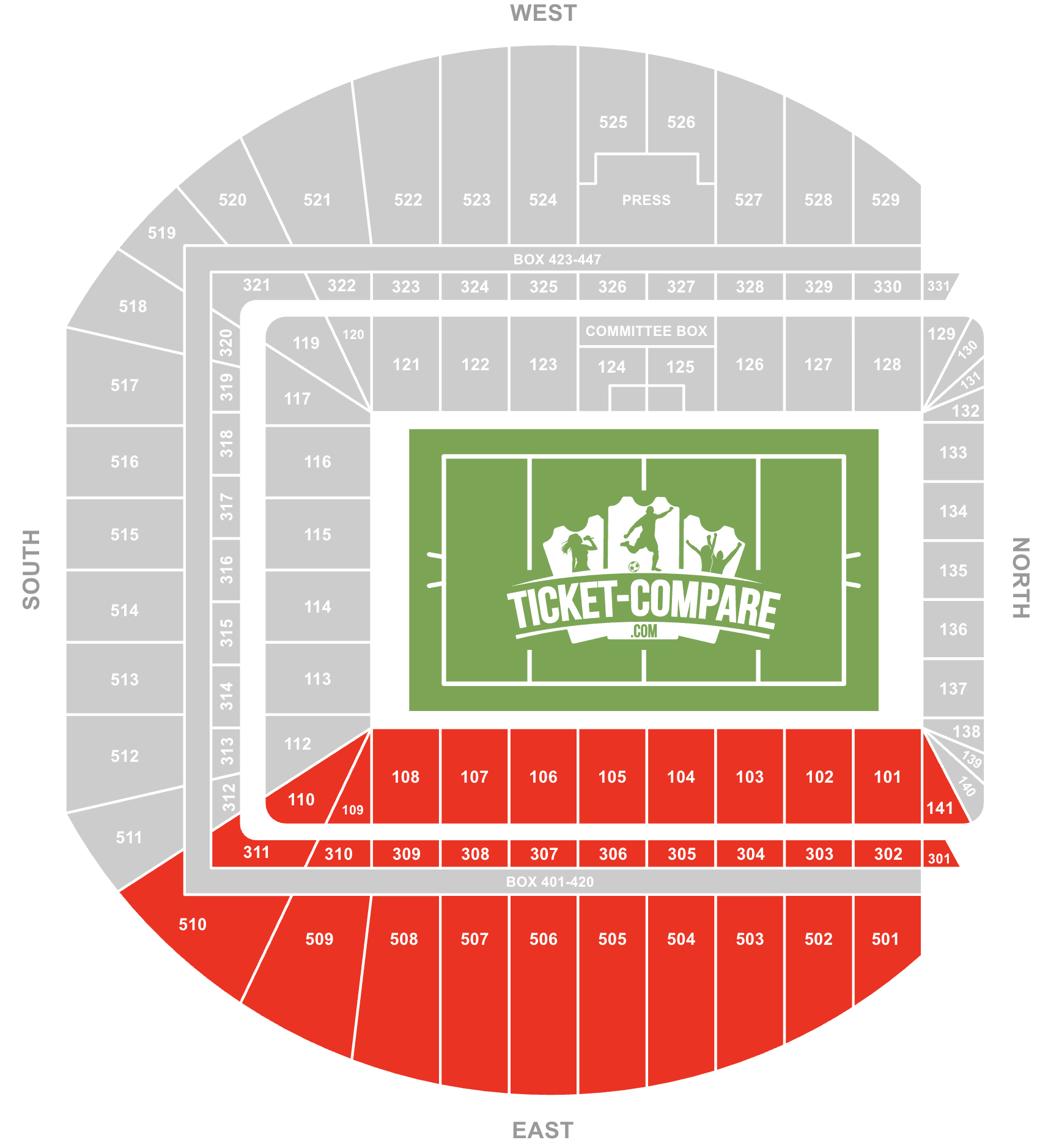 Plano de asientos Aviva Stadium con la Grada Este destacada