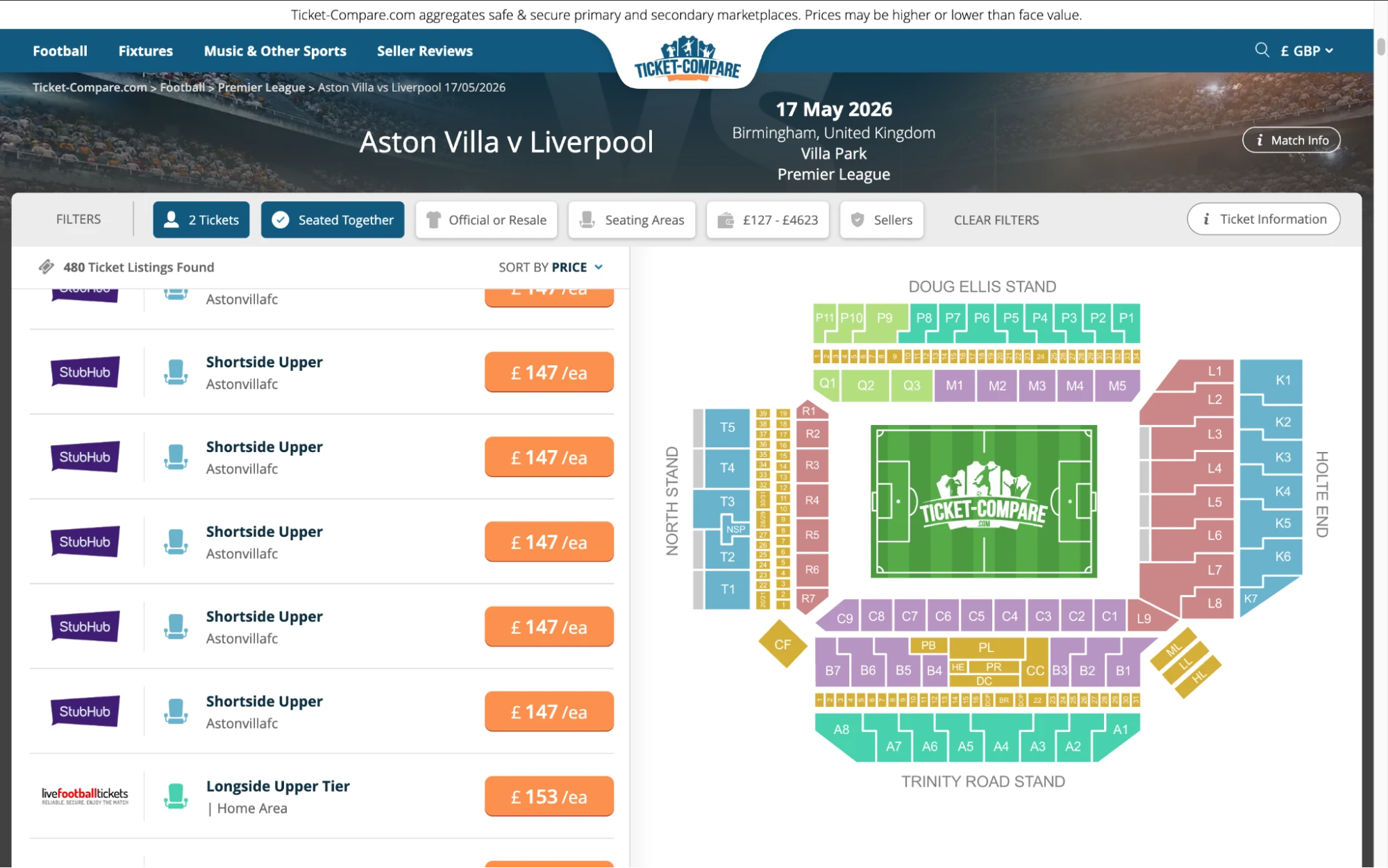 Captura de entradas Aston Villa vs Liverpool