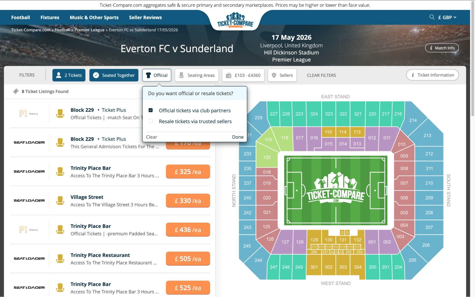 Captura de Everton vs Sunderland en Ticket-Compare.com