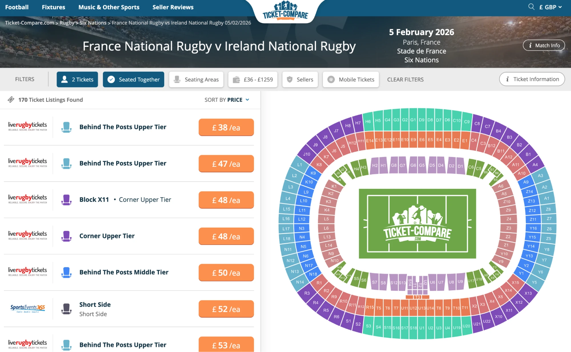 Screenshot of France National Rugby v Ireland National Rugby tickets on Ticket-Compare.com