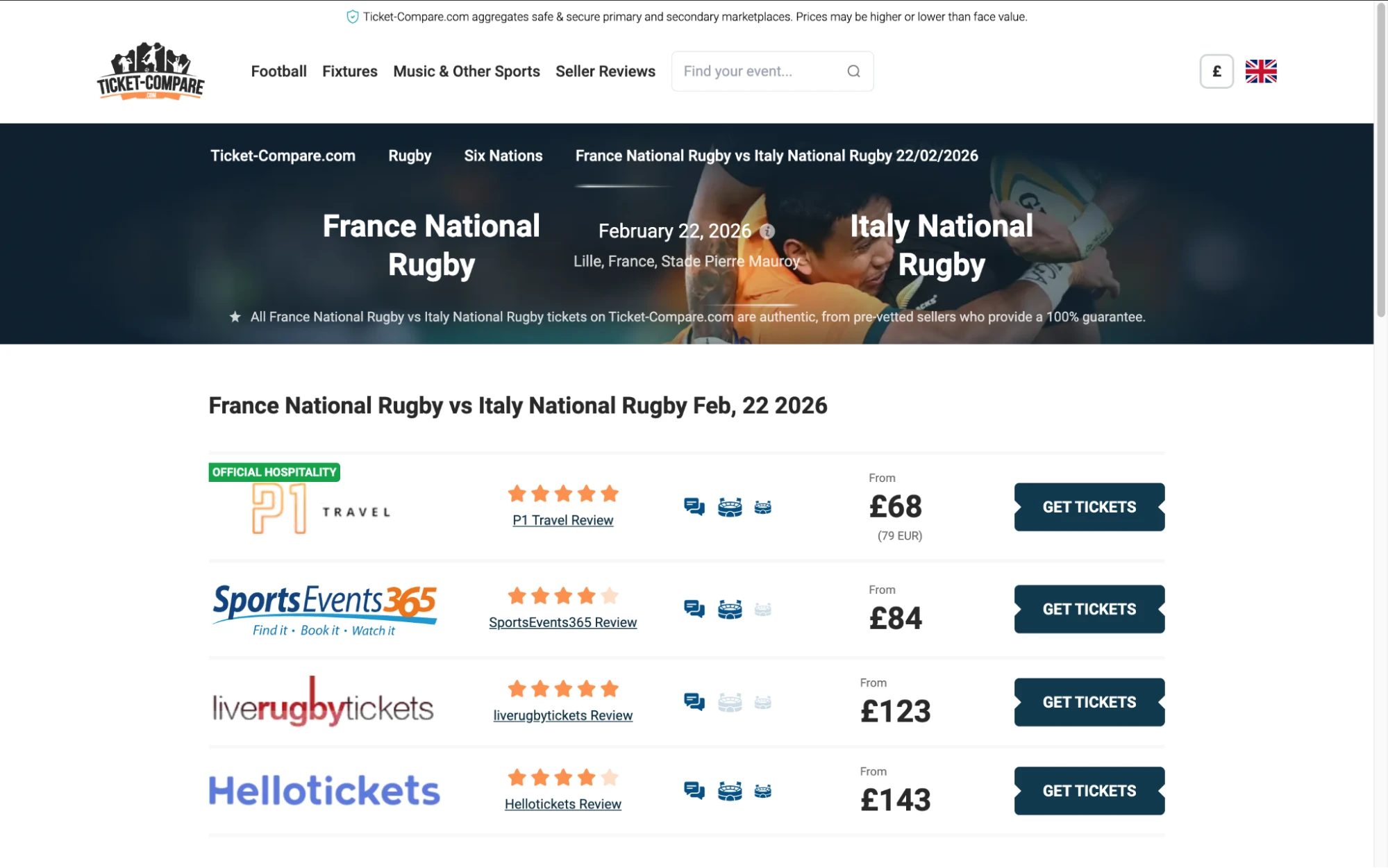 Screenshot of France National Rugby v Italy National Rugby tickets page on Ticket-Compare.com
