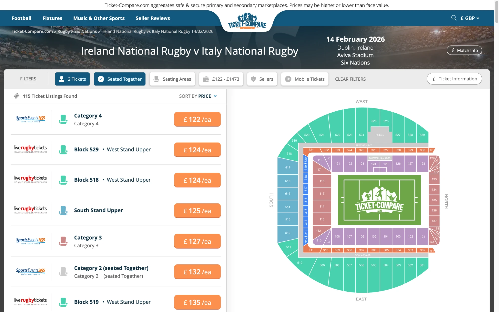 Página de ejemplo: Irlanda Rugby vs Italia entradas