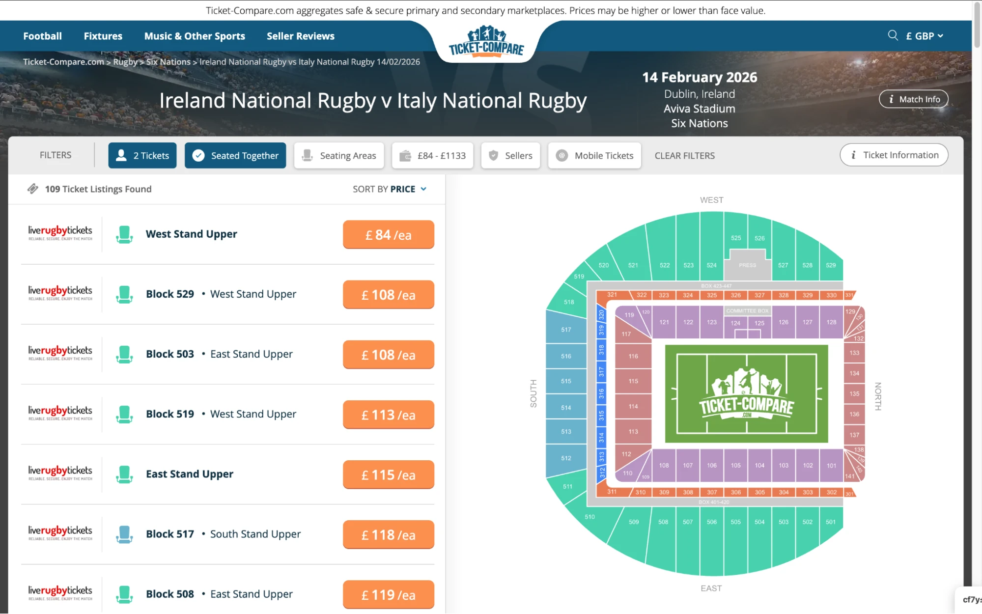 Screenshot of Ireland National Rugby v Italy National Rugby tickets page on Ticket-Compare.com