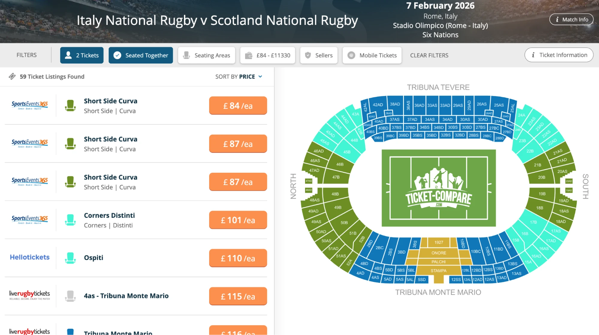 Screenshot of Italy National Rugby v Scotland National Rugby tickets page