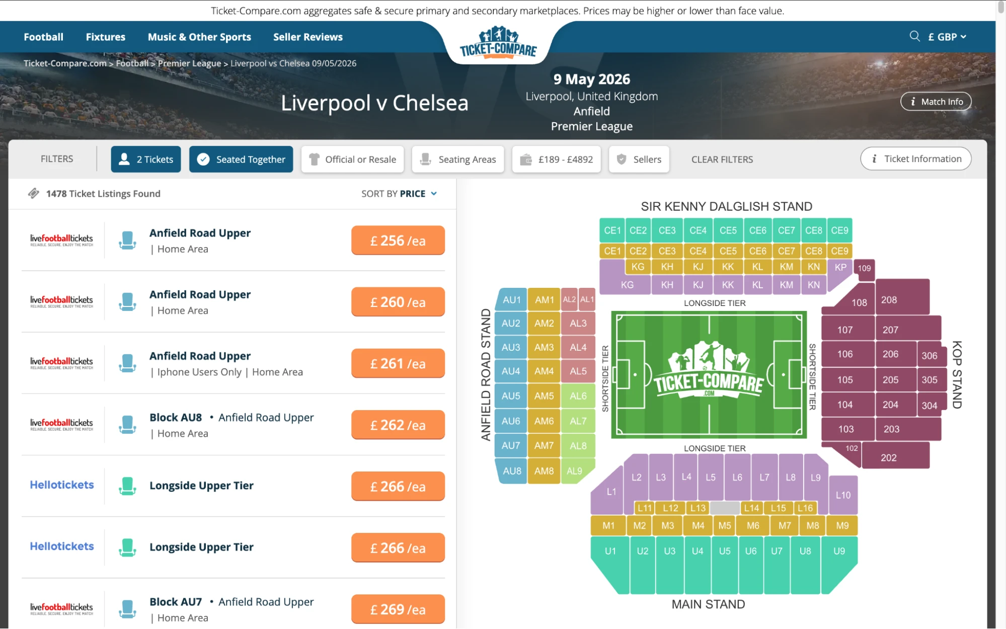 Página de entradas Liverpool vs Chelsea