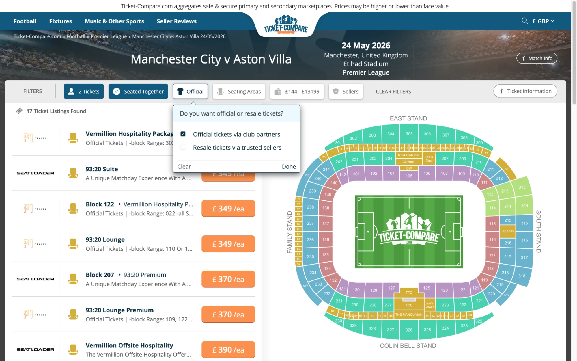 Screenshot of Manchester City v Aston Villa tickets page