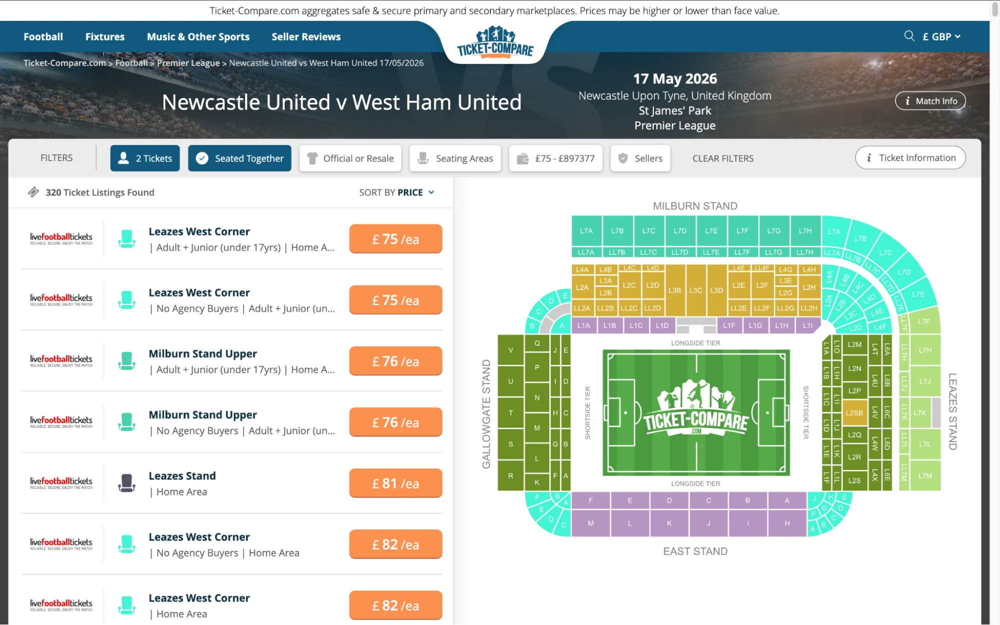 Captura de pantalla entradas Newcastle United v West Ham