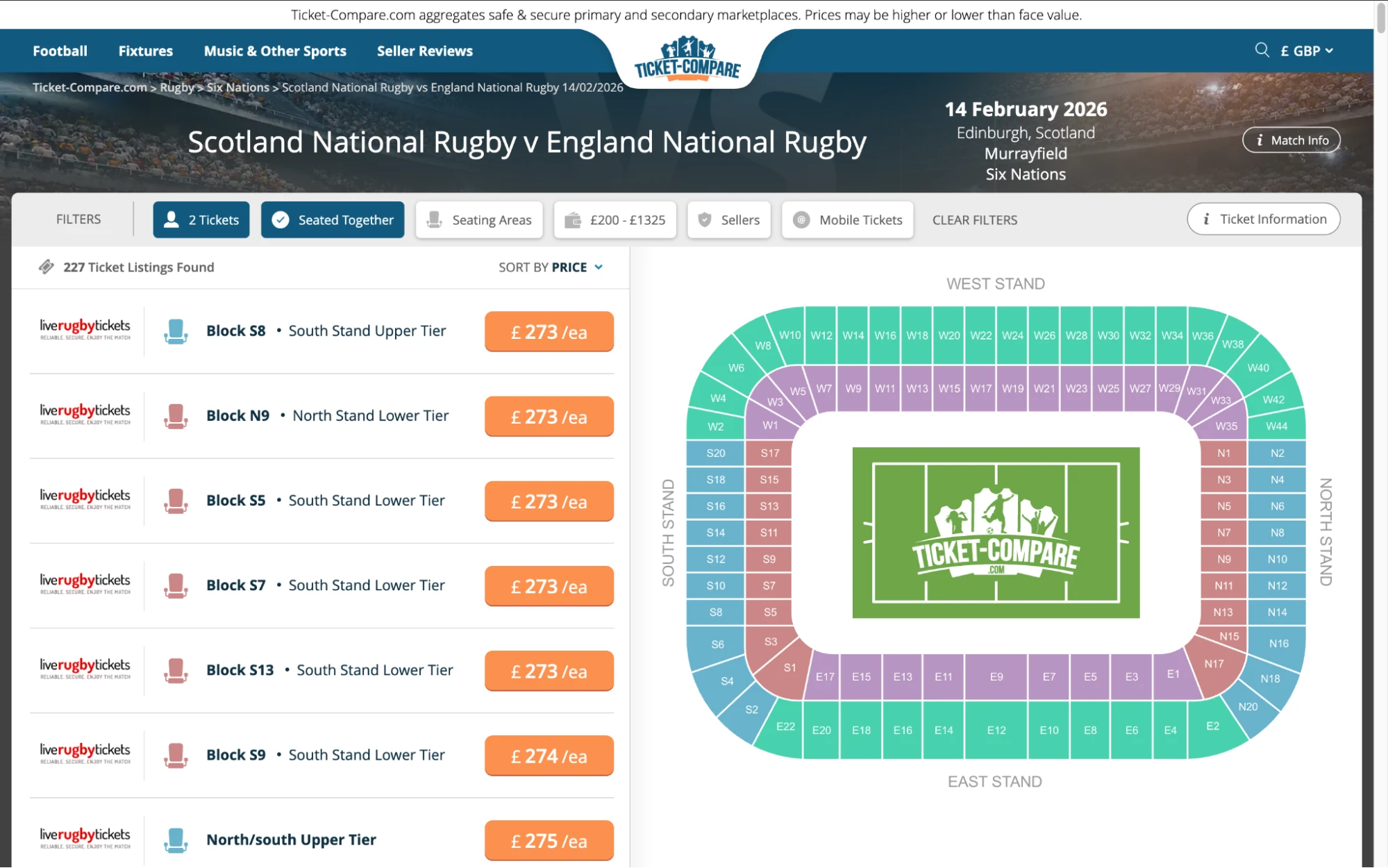 Screenshot of Scotland National Rugby v England National Rugby tickets page on Ticket-Compare.com