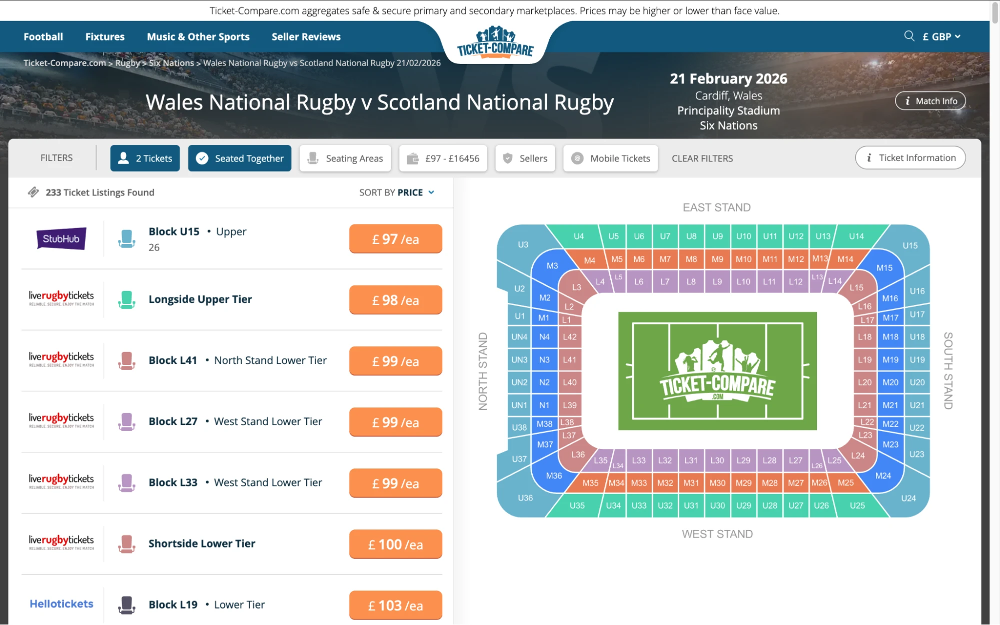 Captura de pantalla entradas Gales vs Escocia Rugby