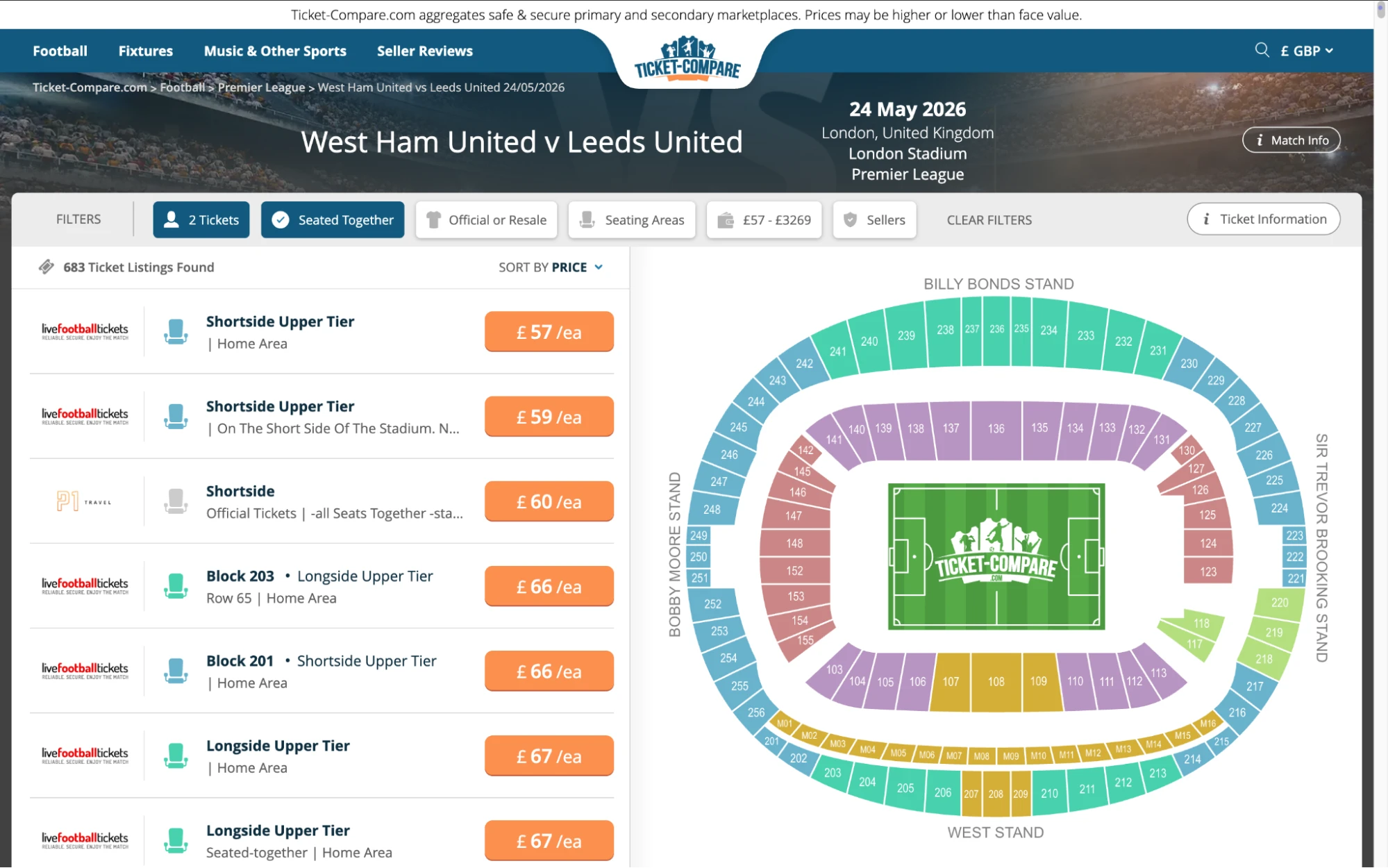 Captura de pantalla entradas West Ham United v Leeds United
