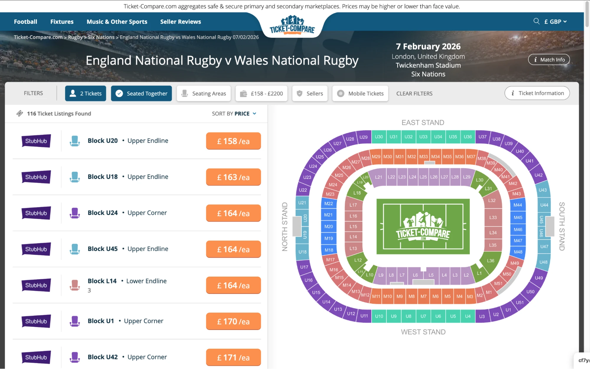 screenshot of England National Rugby v Wales National Rugby tickets page on Ticket-Compare.com