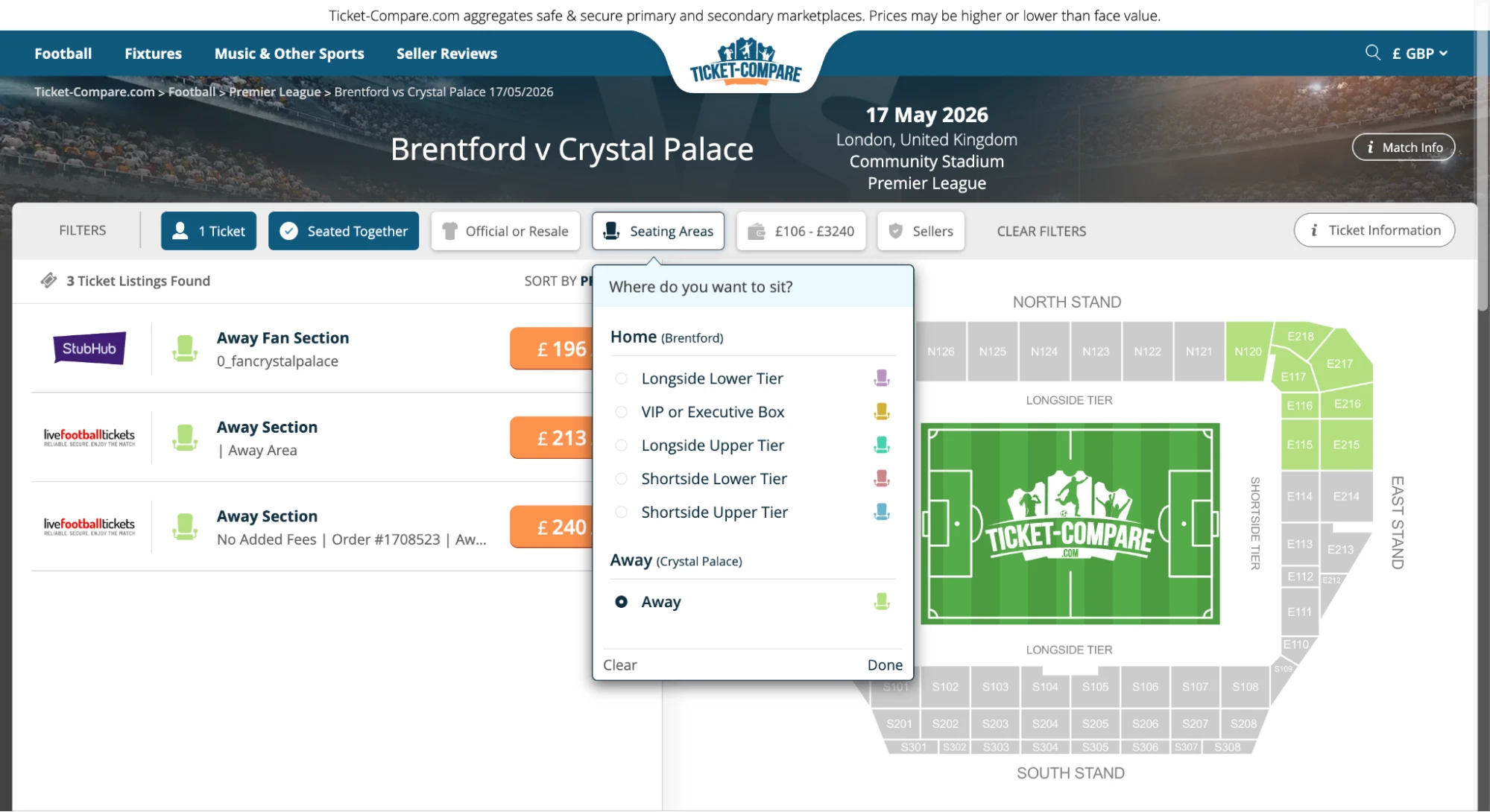 Screenshot of Seating Areas option on Brentford v Crystal Palace tickets page