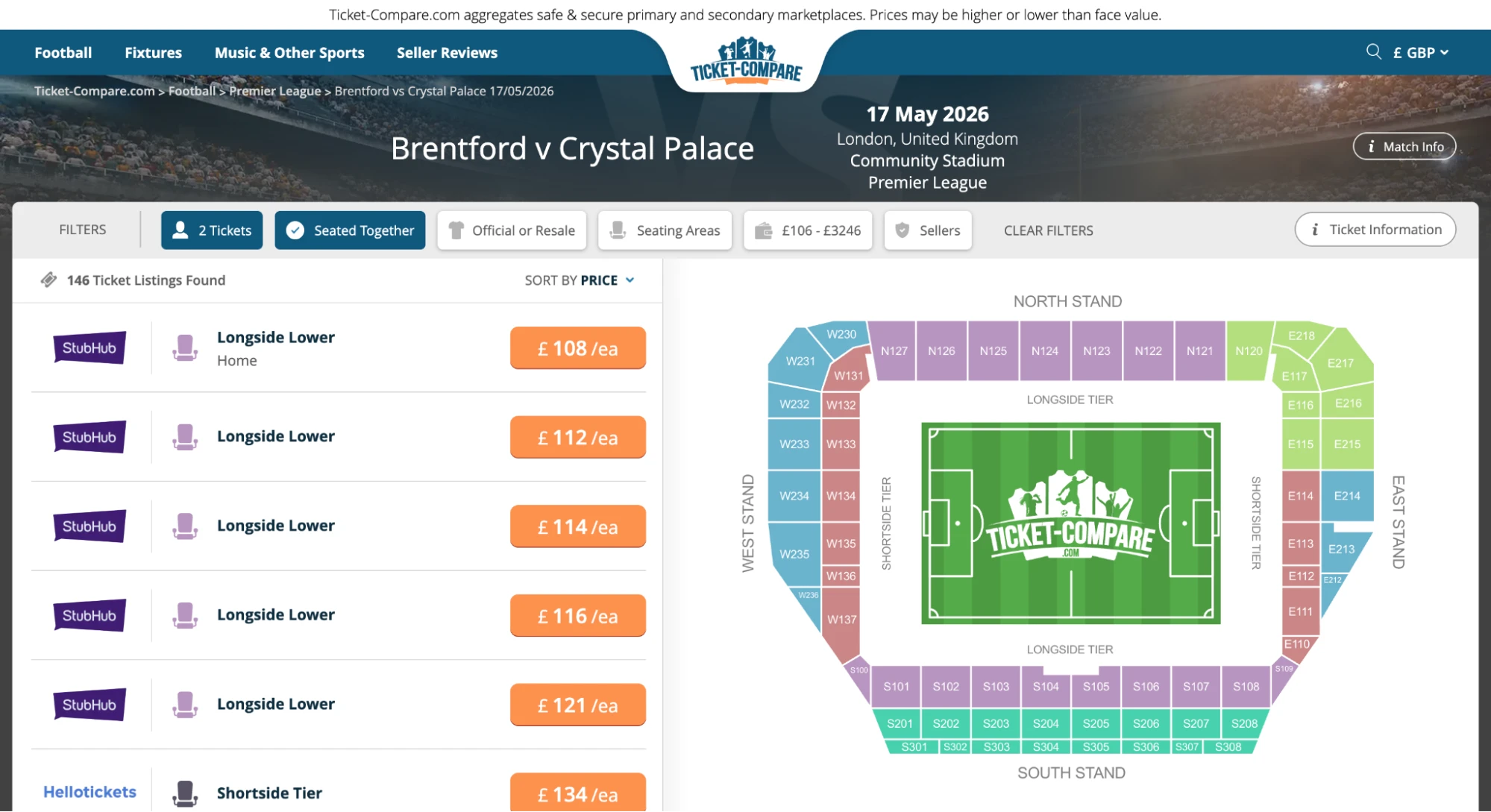 Captura de pantalla página entradas Brentford v Crystal Palace