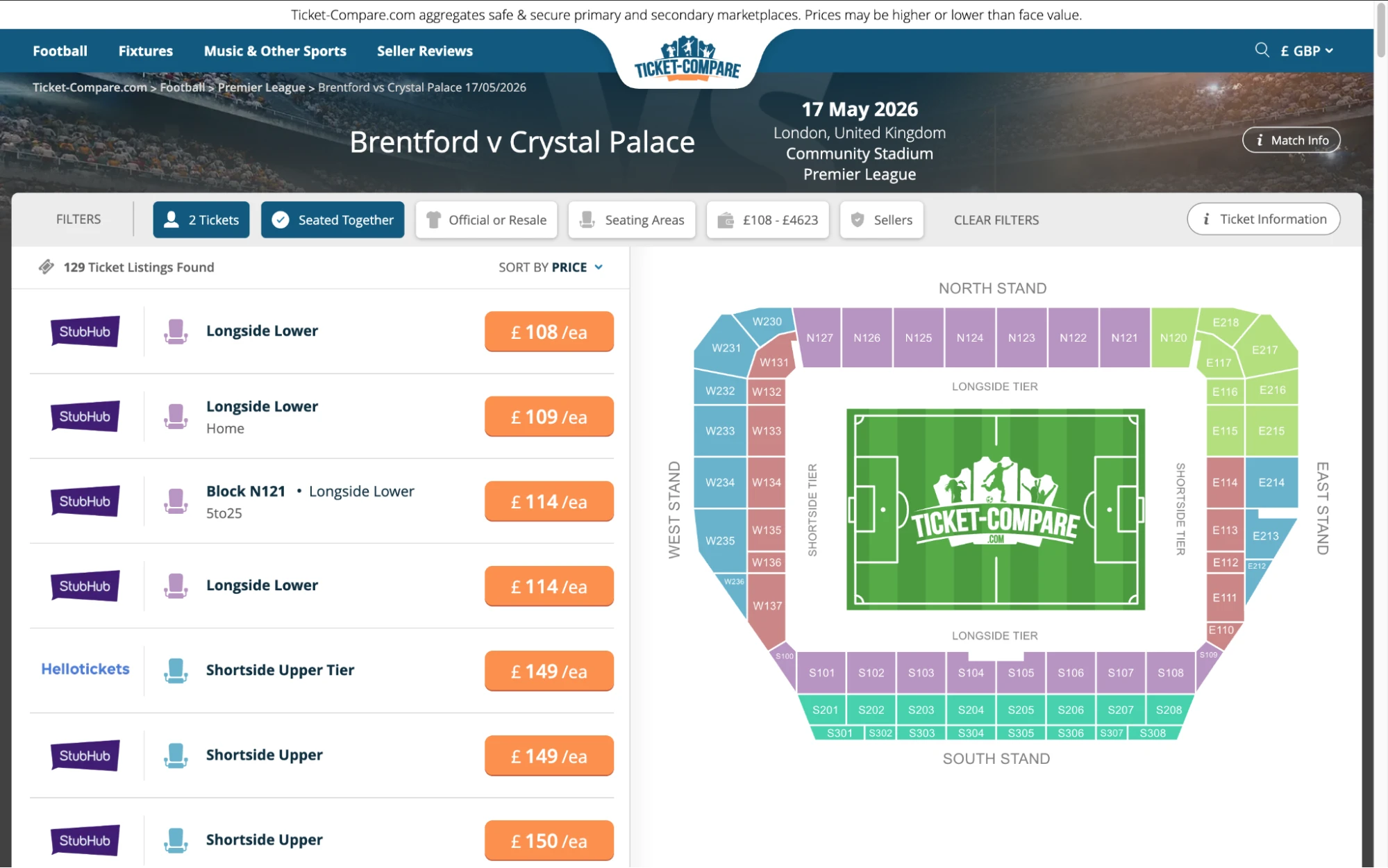 Captura venta entradas Brentford contra Crystal Palace