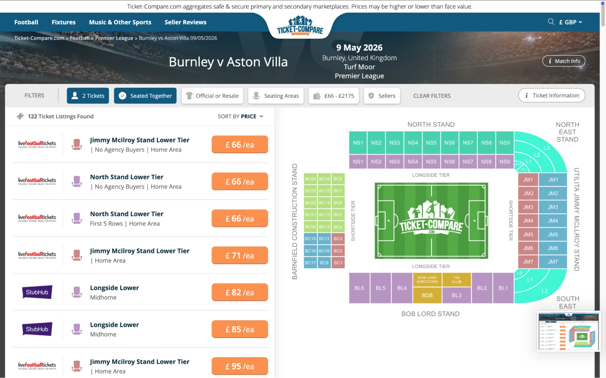 Screenshot de la página de entradas Burnley vs Aston Villa