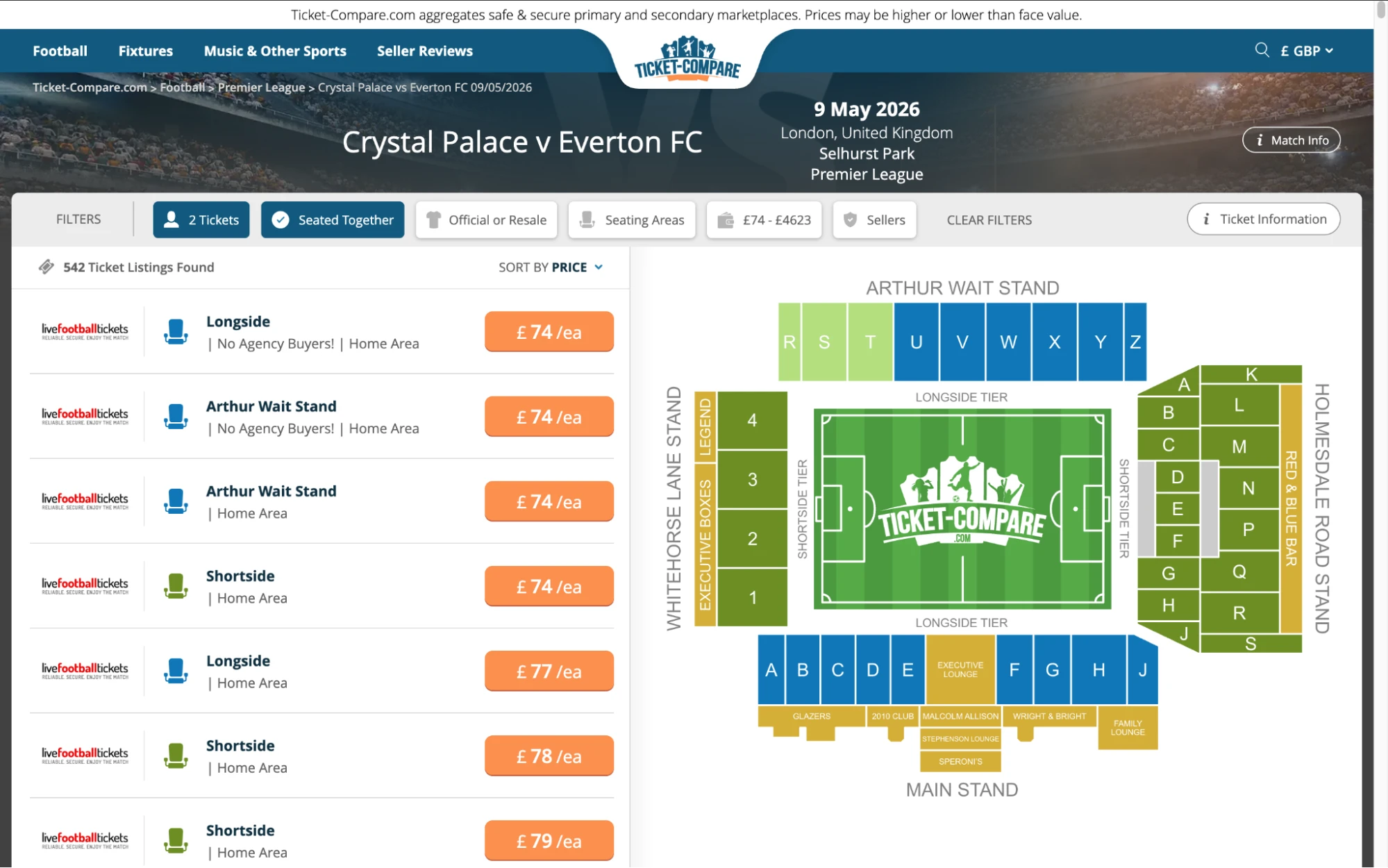 Captura de la página de entradas Crystal Palace v Everton FC
