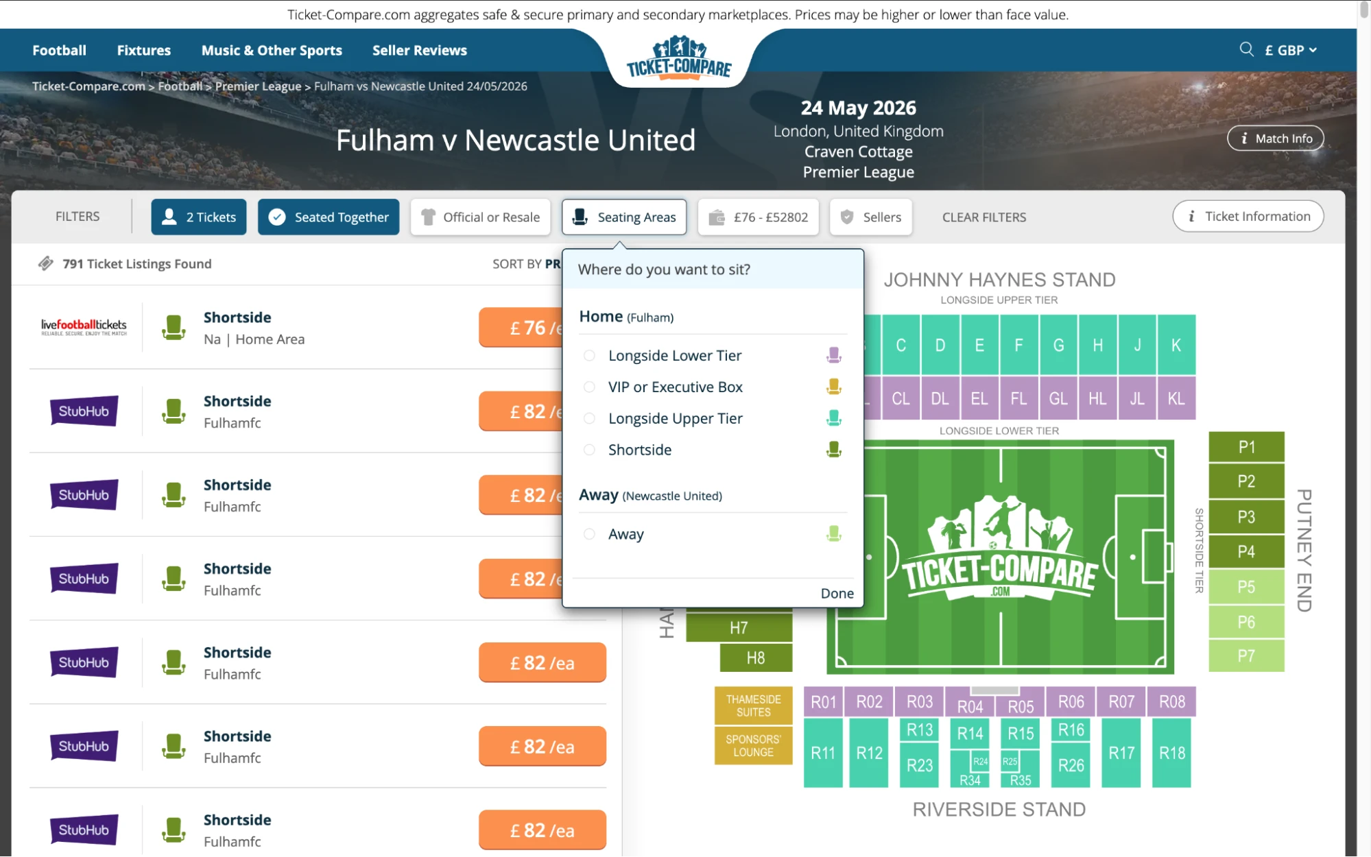Captura pantalla Fulham v Newcastle United entradas