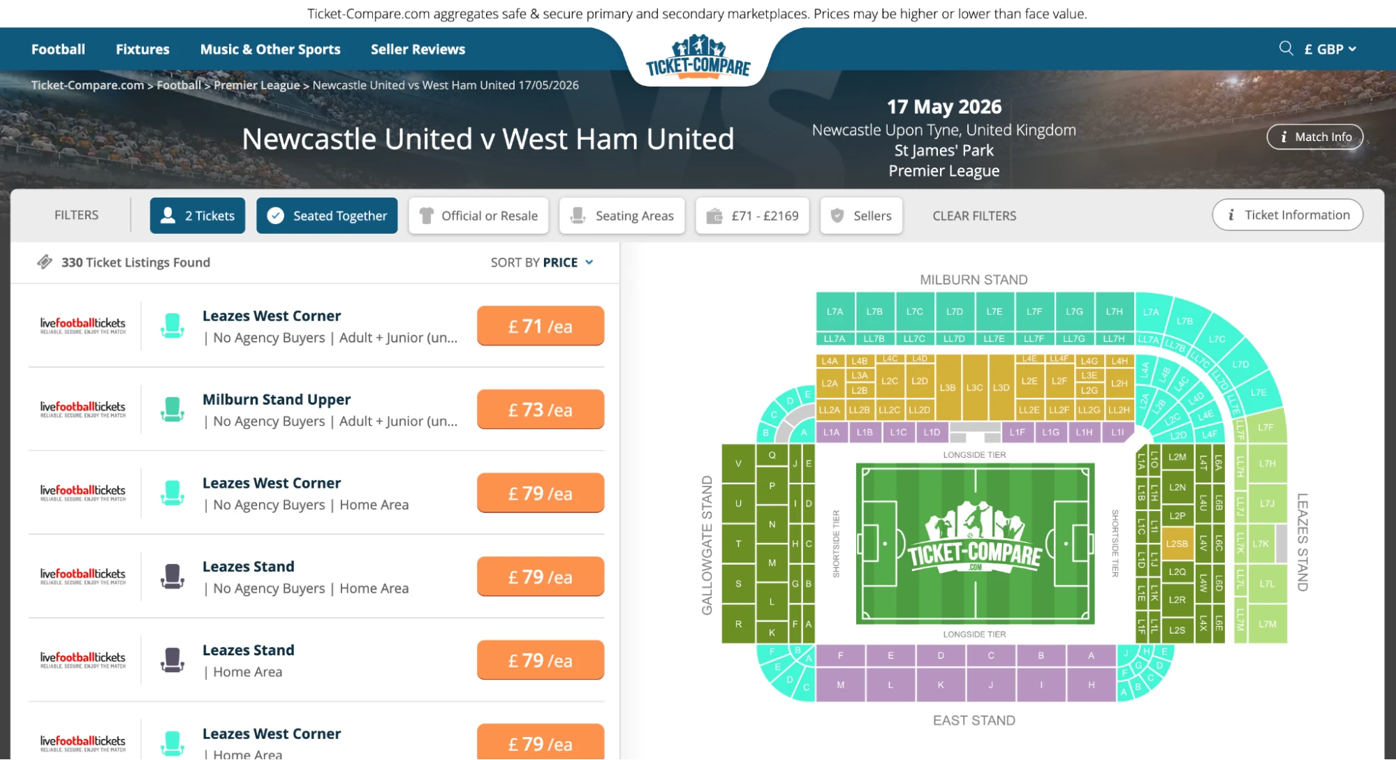 Captura de pantalla: entradas Newcastle United vs West Ham United