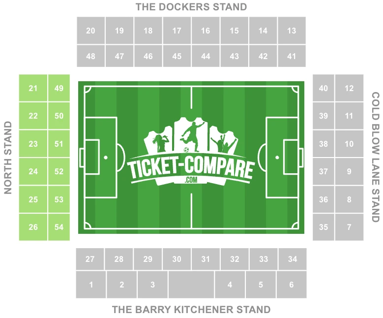Plano de asientos de The Den con la North Stand resaltada