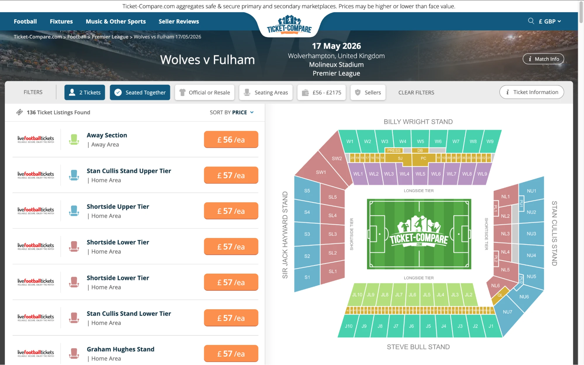 Entradas Wolves v Fulham en Ticket-Compare.com