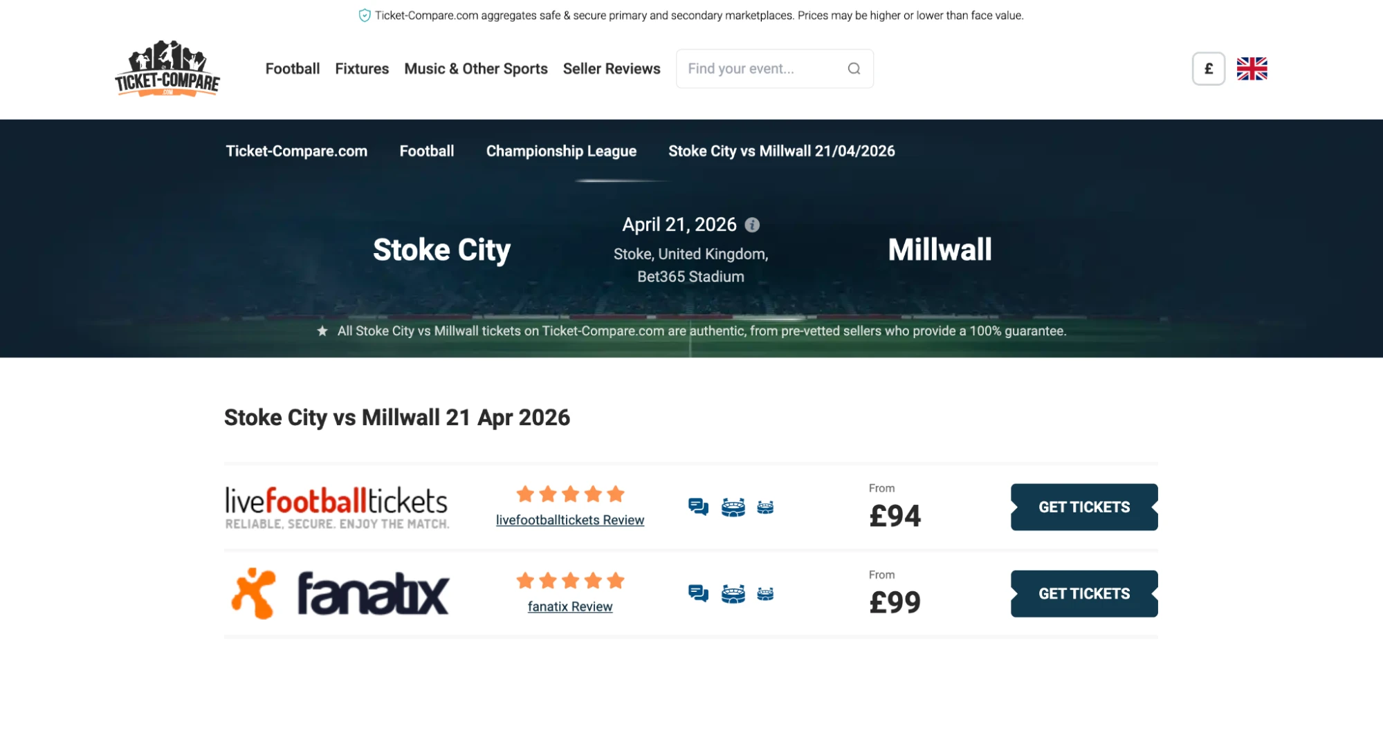 captura de Stoke City v Millwall entradas