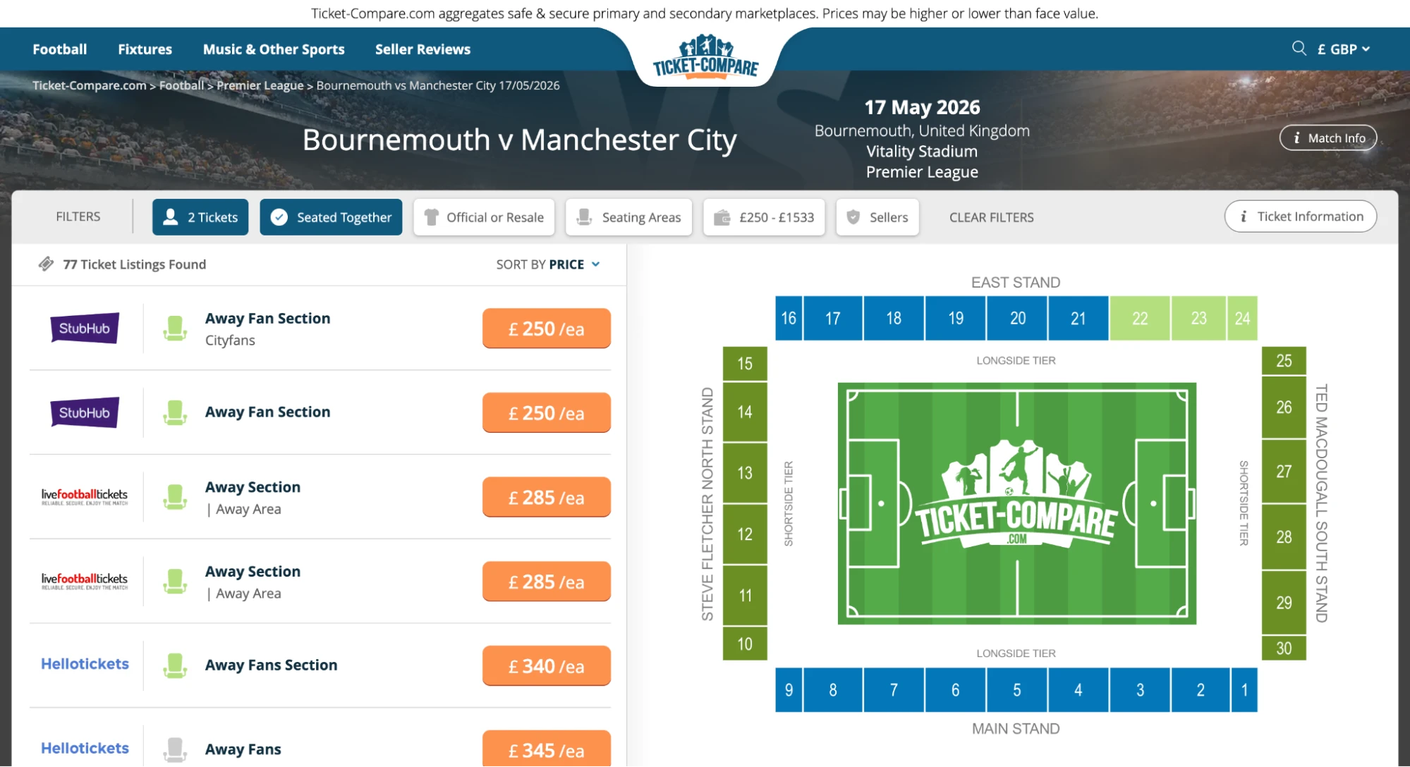 Captura de ayuda Entradas Bournemouth vs Man City